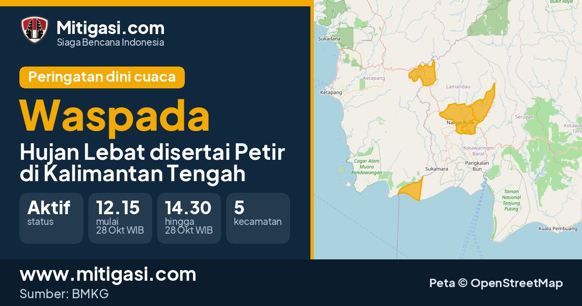 Peringatan dini cuaca BMKG tingkat Waspada di Kalimantan Tengah. (Mitigasi.com/data BMKG)