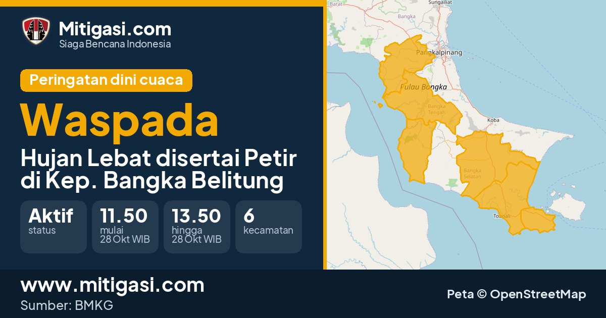Peringatan dini cuaca BMKG tingkat Waspada di Kep. Bangka Belitung. (Mitigasi.com/data BMKG)