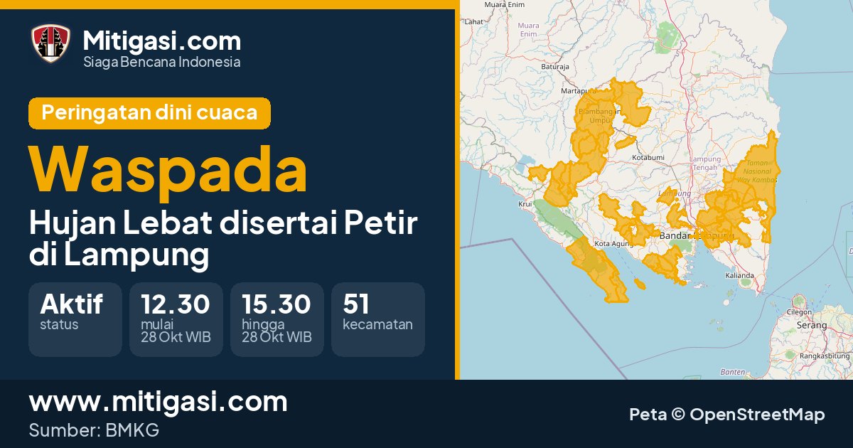 Peringatan dini cuaca BMKG tingkat Waspada di Lampung. (Mitigasi.com/data BMKG)