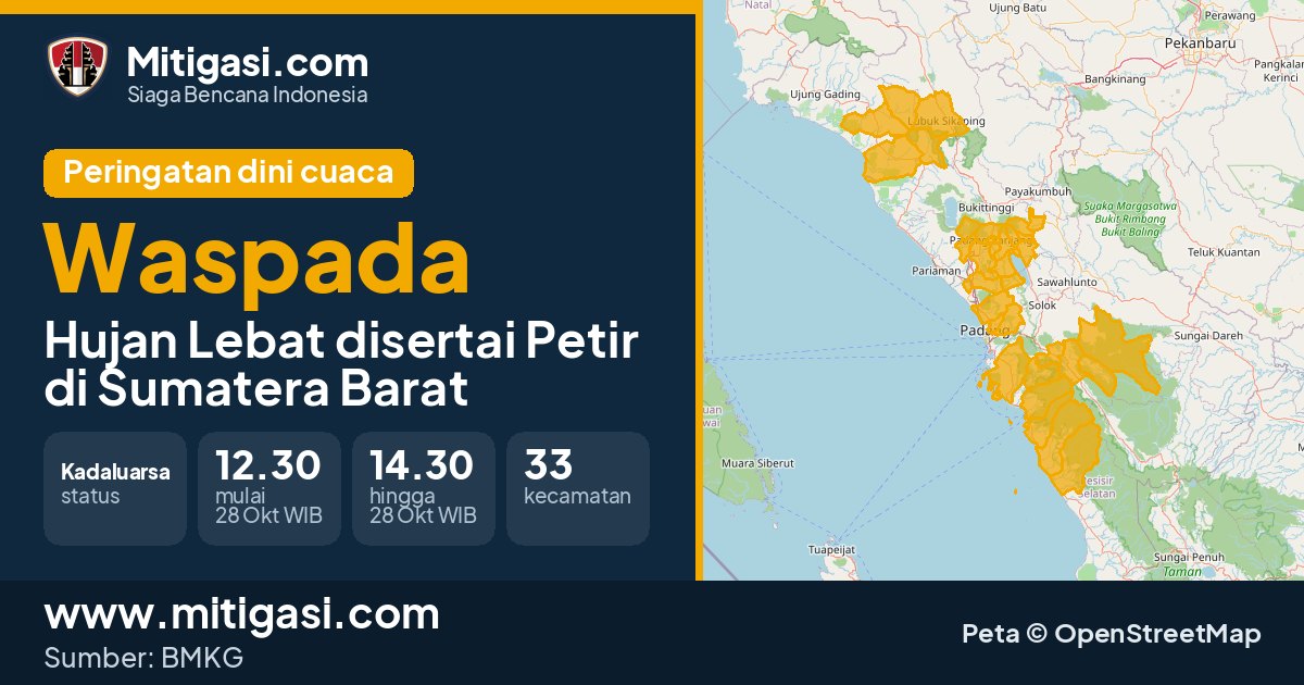 Peringatan dini cuaca BMKG tingkat Waspada di Sumatera Barat. (Mitigasi.com/data BMKG)