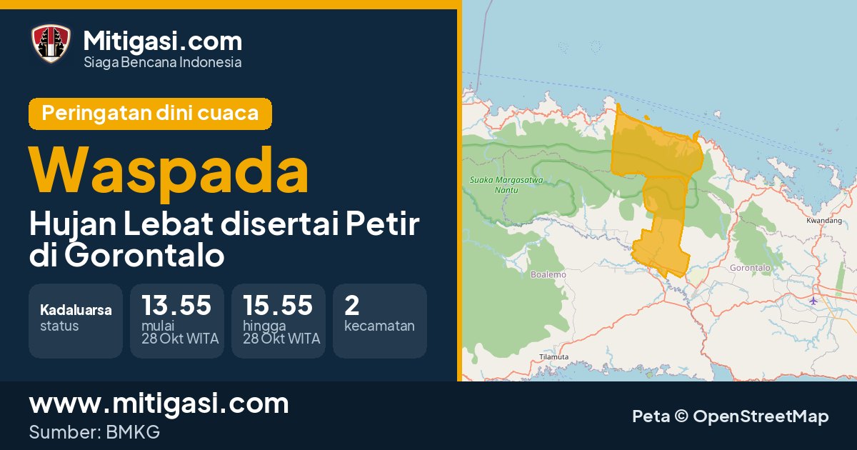 Peringatan dini cuaca BMKG tingkat Waspada di Gorontalo. (Mitigasi.com/data BMKG)
