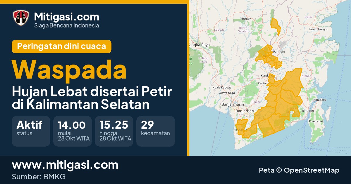 Peringatan dini cuaca BMKG tingkat Waspada di Kalimantan Selatan. (Mitigasi.com/data BMKG)