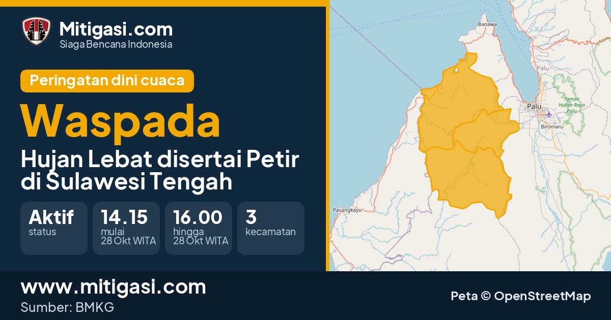 Peringatan dini cuaca BMKG tingkat Waspada di Sulawesi Tengah. (Mitigasi.com/data BMKG)
