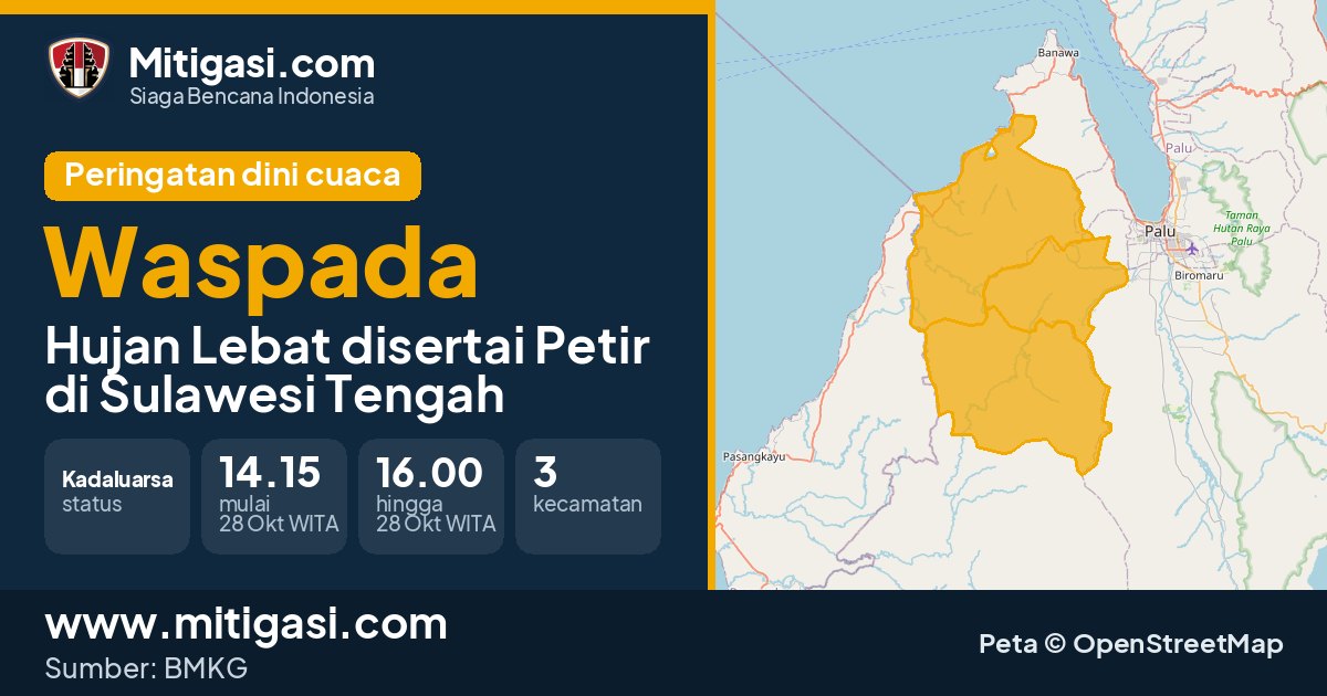 Peringatan dini cuaca BMKG tingkat Waspada di Sulawesi Tengah. (Mitigasi.com/data BMKG)