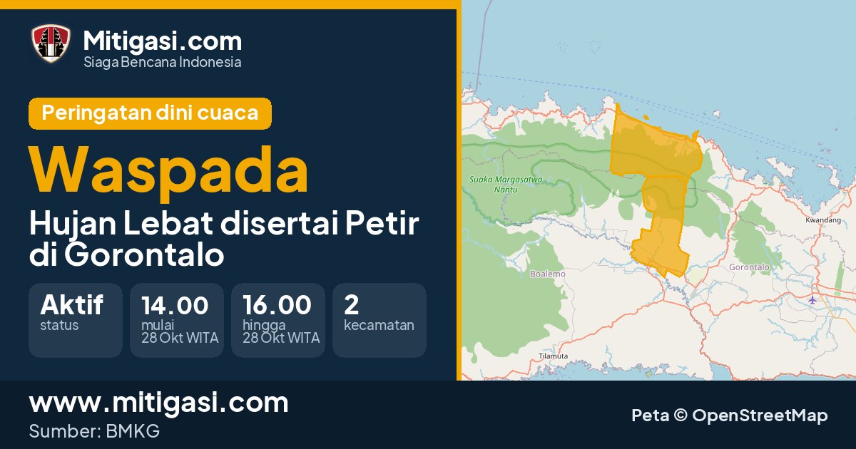 Peringatan dini cuaca BMKG tingkat Waspada di Gorontalo. (Mitigasi.com/data BMKG)