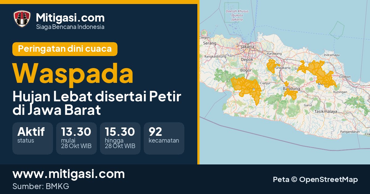Peringatan dini cuaca BMKG tingkat Waspada di Jawa Barat. (Mitigasi.com/data BMKG)