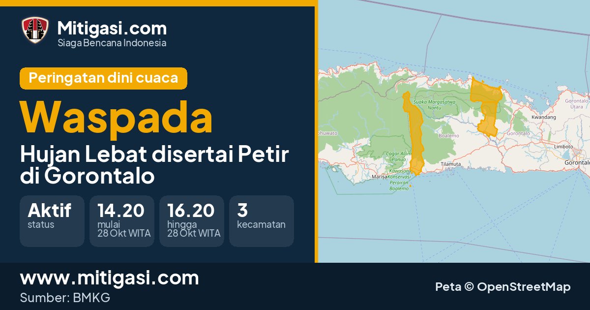 Peringatan dini cuaca BMKG tingkat Waspada di Gorontalo. (Mitigasi.com/data BMKG)