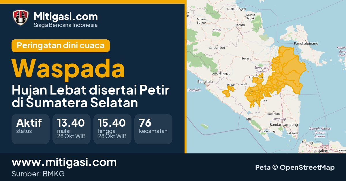 Peringatan dini cuaca BMKG tingkat Waspada di Sumatera Selatan. (Mitigasi.com/data BMKG)