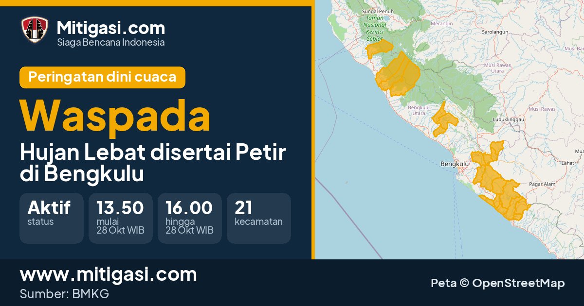 Peringatan dini cuaca BMKG tingkat Waspada di Bengkulu. (Mitigasi.com/data BMKG)