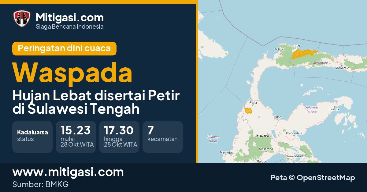 Peringatan dini cuaca BMKG tingkat Waspada di Sulawesi Tengah. (Mitigasi.com/data BMKG)