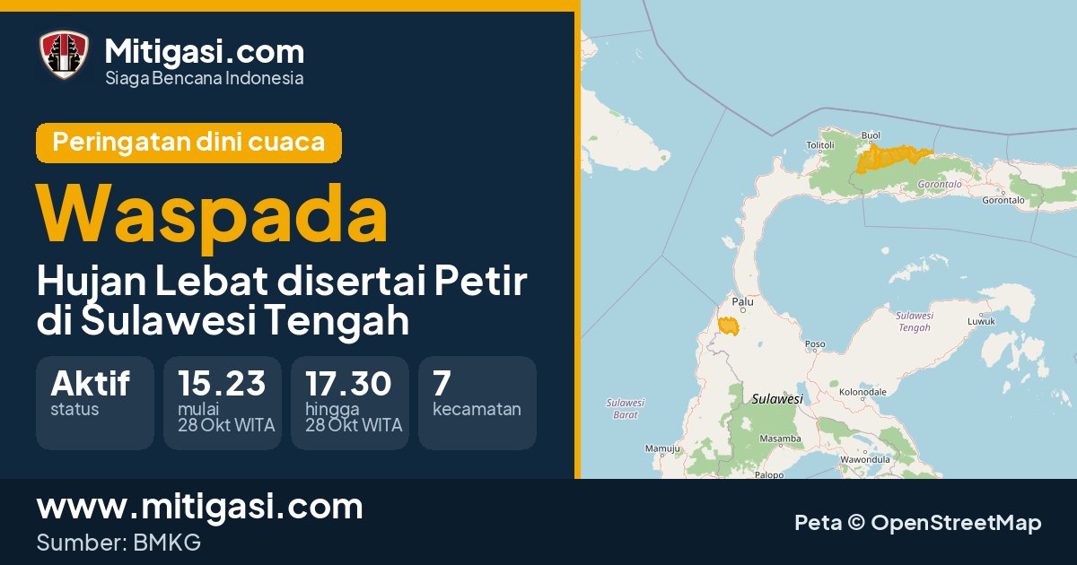 Peringatan dini cuaca BMKG tingkat Waspada di Sulawesi Tengah. (Mitigasi.com/data BMKG)