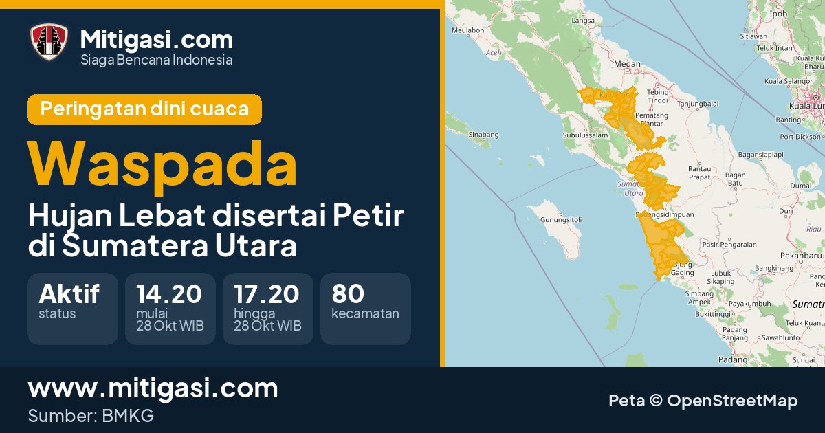 Peringatan dini cuaca BMKG tingkat Waspada di Sumatera Utara. (Mitigasi.com/data BMKG)