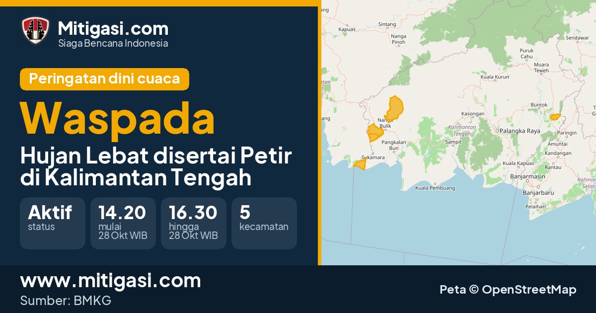 Peringatan dini cuaca BMKG tingkat Waspada di Kalimantan Tengah. (Mitigasi.com/data BMKG)