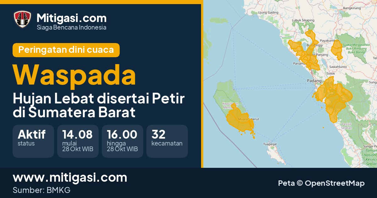 Peringatan dini cuaca BMKG tingkat Waspada di Sumatera Barat. (Mitigasi.com/data BMKG)