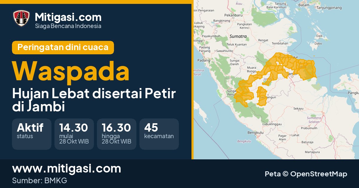 Peringatan dini cuaca BMKG tingkat Waspada di Jambi. (Mitigasi.com/data BMKG)