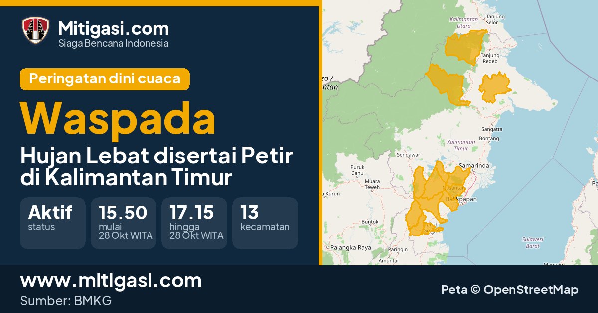 Peringatan dini cuaca BMKG tingkat Waspada di Kalimantan Timur. (Mitigasi.com/data BMKG)