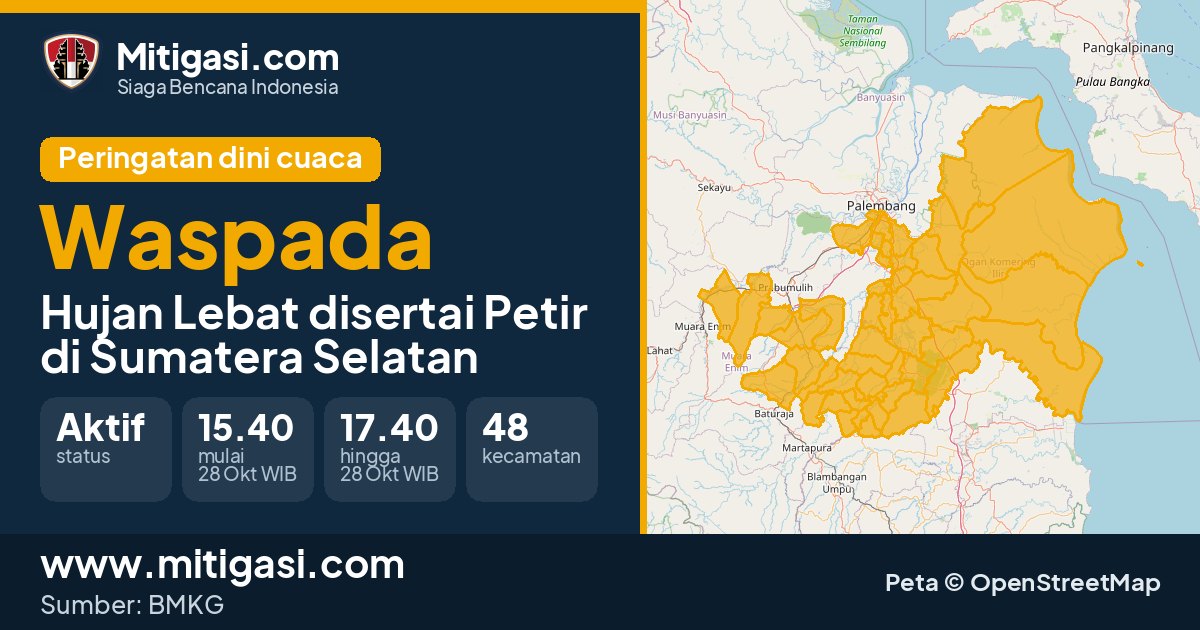 Peringatan dini cuaca BMKG tingkat Waspada di Sumatera Selatan. (Mitigasi.com/data BMKG)