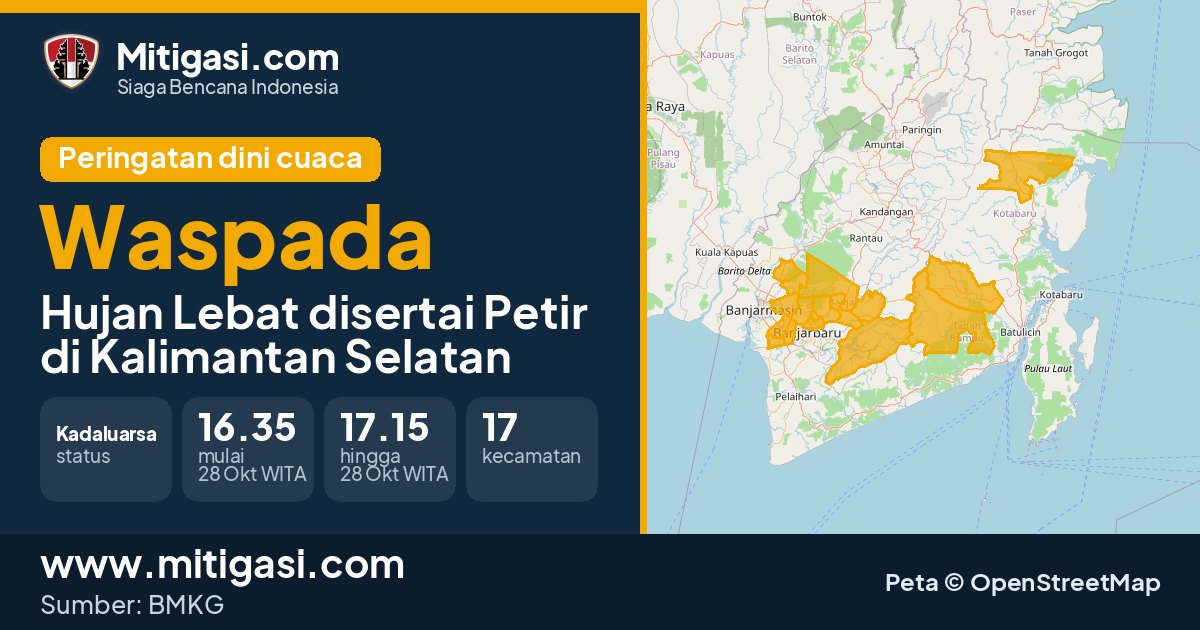 Peringatan dini cuaca BMKG tingkat Waspada di Kalimantan Selatan. (Mitigasi.com/data BMKG)
