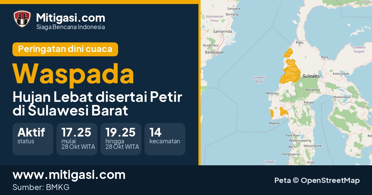 Peringatan dini cuaca BMKG tingkat Waspada di Sulawesi Barat. (Mitigasi.com/data BMKG)