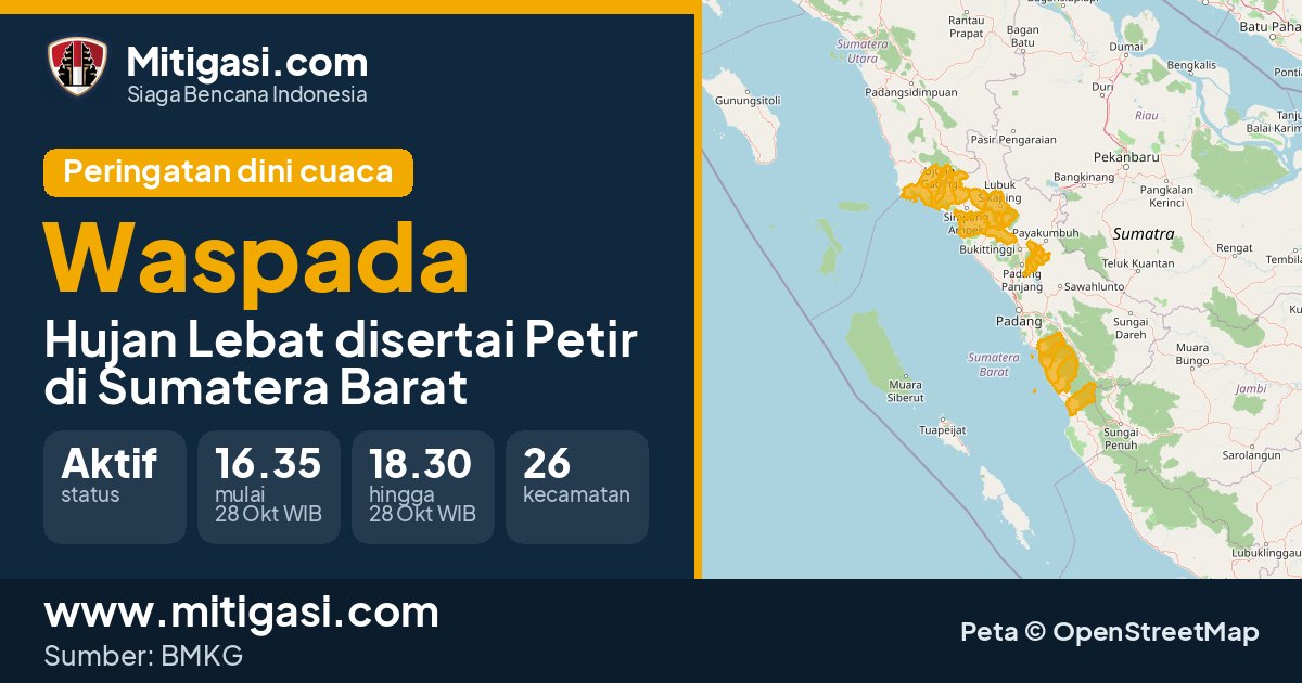 Peringatan dini cuaca BMKG tingkat Waspada di Sumatera Barat. (Mitigasi.com/data BMKG)