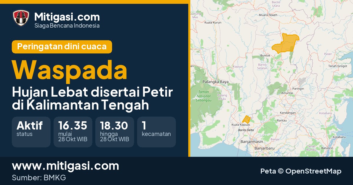 Peringatan dini cuaca BMKG tingkat Waspada di Kalimantan Tengah. (Mitigasi.com/data BMKG)