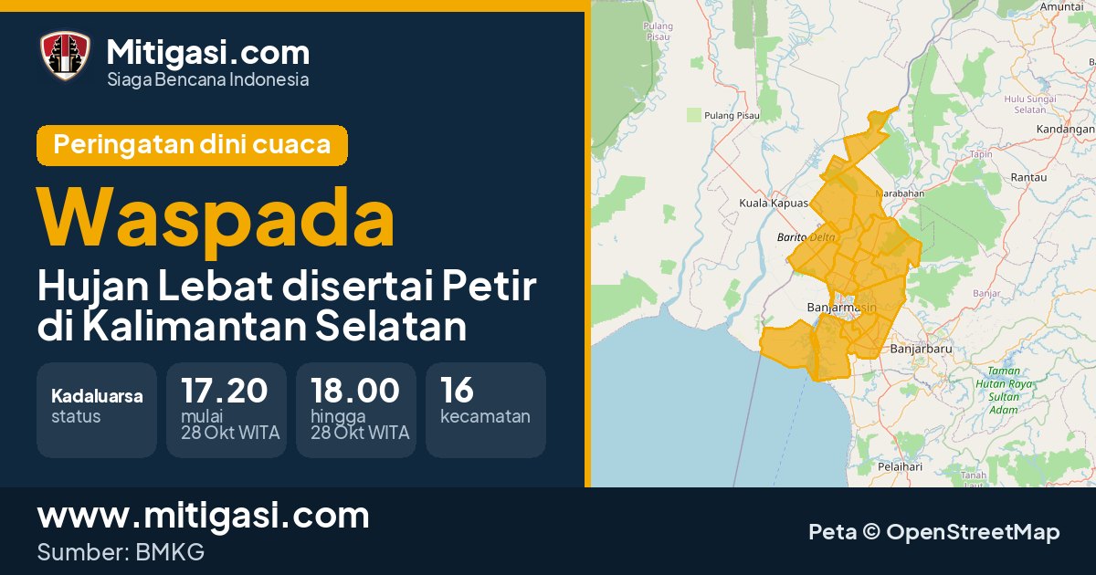 Peringatan dini cuaca BMKG tingkat Waspada di Kalimantan Selatan. (Mitigasi.com/data BMKG)