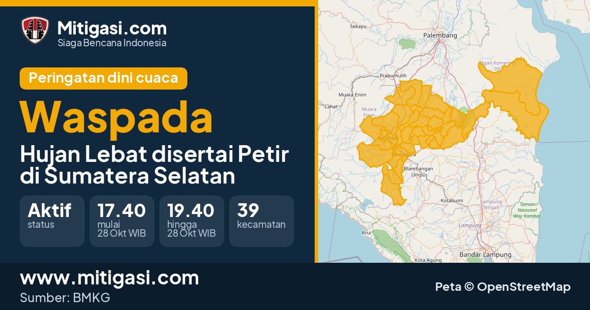 Peringatan dini cuaca BMKG tingkat Waspada di Sumatera Selatan. (Mitigasi.com/data BMKG)