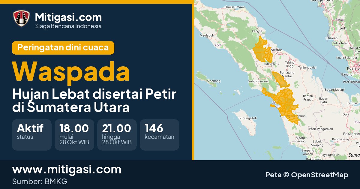 Peringatan dini cuaca BMKG tingkat Waspada di Sumatera Utara. (Mitigasi.com/data BMKG)