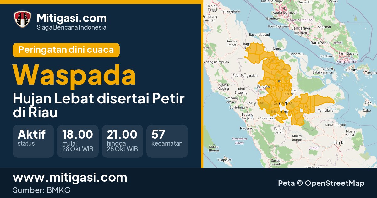Peringatan dini cuaca BMKG tingkat Waspada di Riau. (Mitigasi.com/data BMKG)