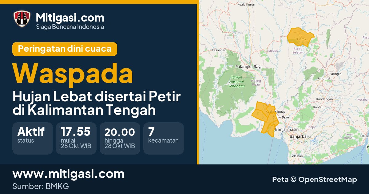 Peringatan dini cuaca BMKG tingkat Waspada di Kalimantan Tengah. (Mitigasi.com/data BMKG)