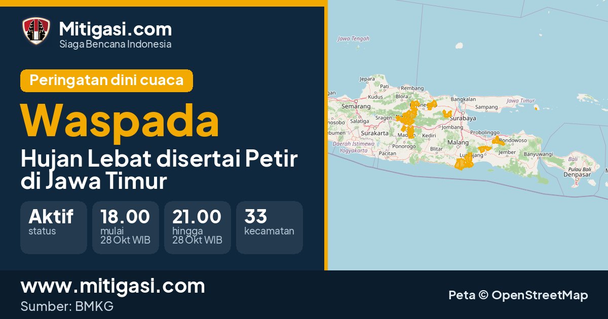 Peringatan dini cuaca BMKG tingkat Waspada di Jawa Timur. (Mitigasi.com/data BMKG)