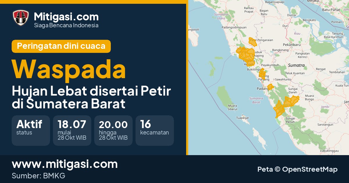 Peringatan dini cuaca BMKG tingkat Waspada di Sumatera Barat. (Mitigasi.com/data BMKG)