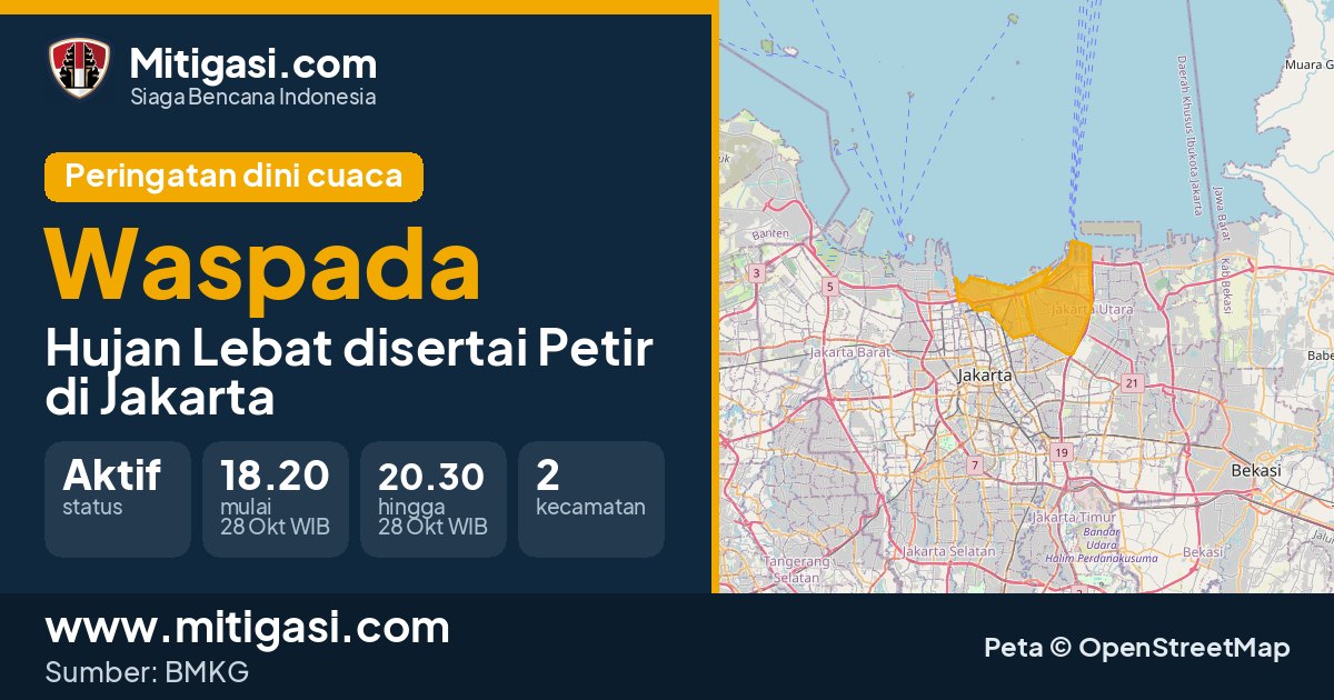 Peringatan dini cuaca BMKG tingkat Waspada di DKI Jakarta. (Mitigasi.com/data BMKG)