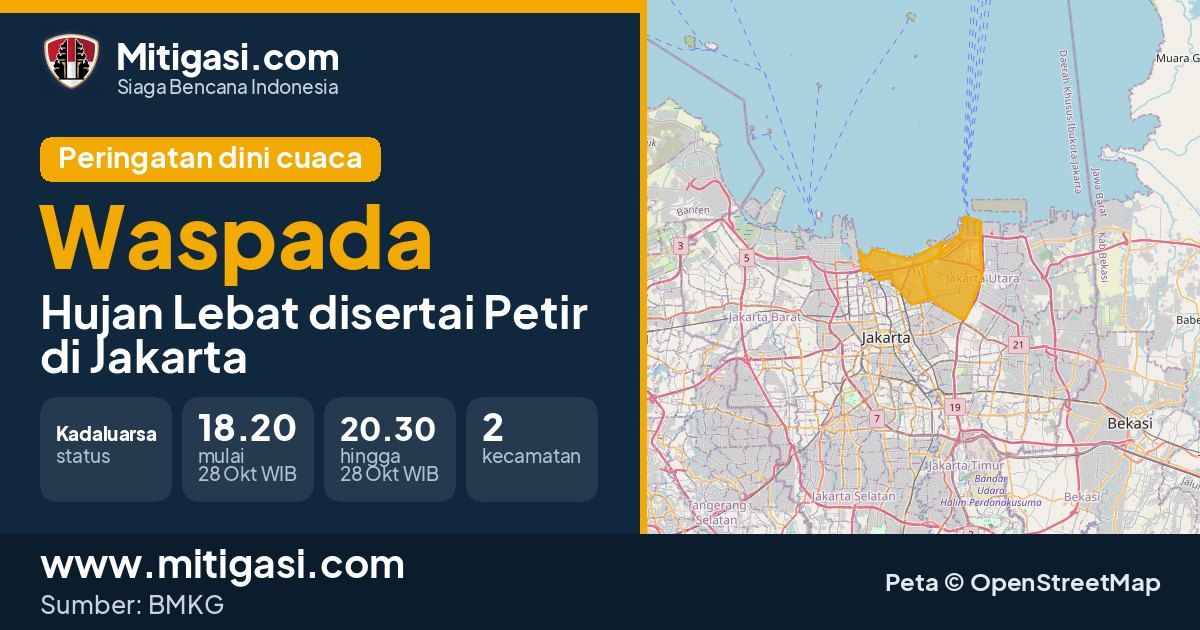 Peringatan dini cuaca BMKG tingkat Waspada di DKI Jakarta. (Mitigasi.com/data BMKG)