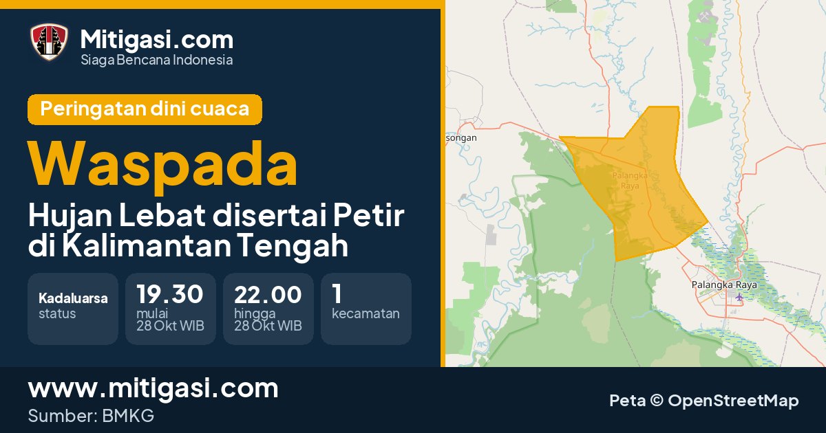 Peringatan dini cuaca BMKG tingkat Waspada di Kalimantan Tengah. (Mitigasi.com/data BMKG)