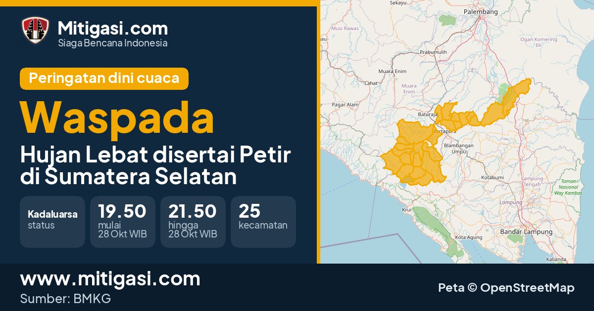 Peringatan dini cuaca BMKG tingkat Waspada di Sumatera Selatan. (Mitigasi.com/data BMKG)