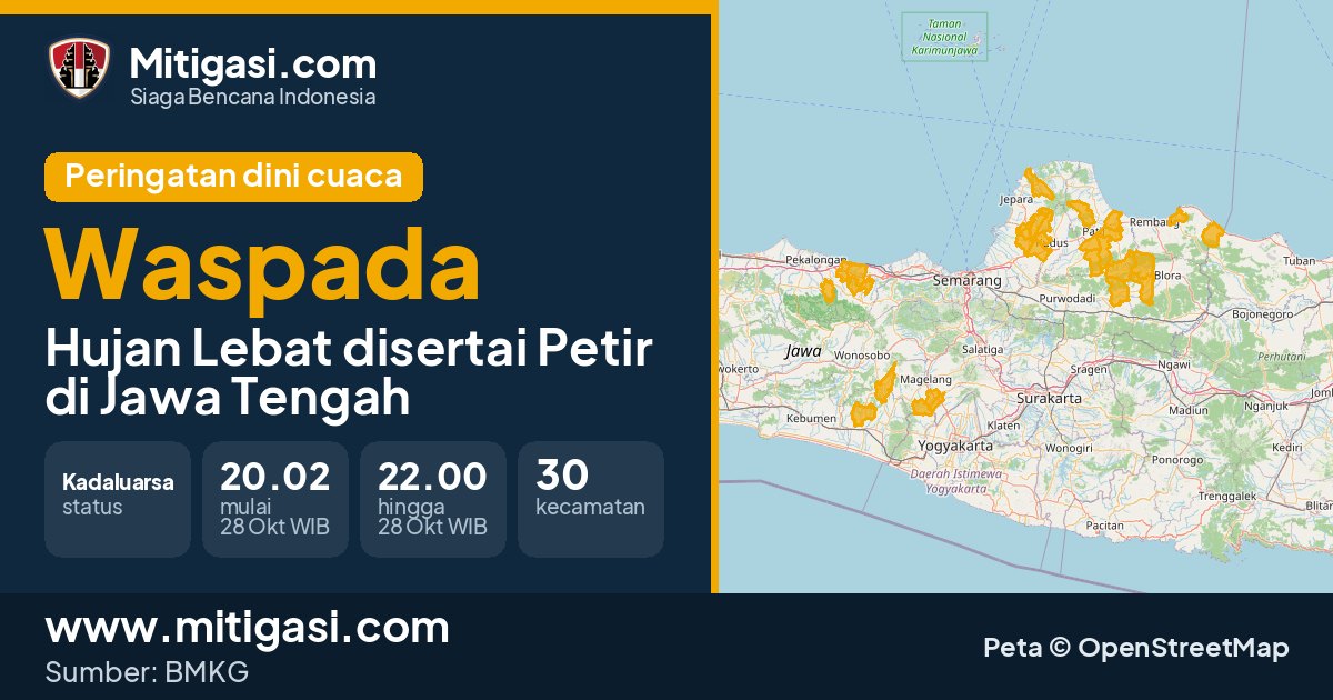 Peringatan dini cuaca BMKG tingkat Waspada di Jawa Tengah. (Mitigasi.com/data BMKG)