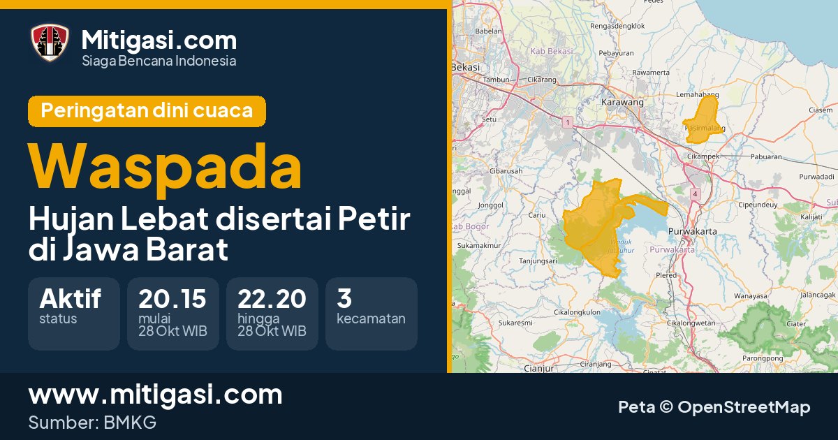 Peringatan dini cuaca BMKG tingkat Waspada di Jawa Barat. (Mitigasi.com/data BMKG)
