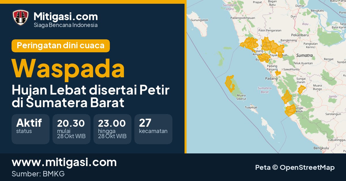 Peringatan dini cuaca BMKG tingkat Waspada di Sumatera Barat. (Mitigasi.com/data BMKG)
