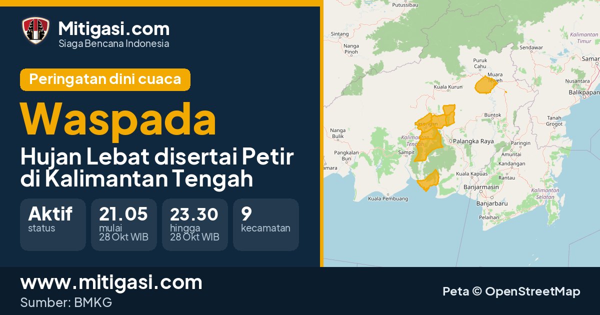 Peringatan dini cuaca BMKG tingkat Waspada di Kalimantan Tengah. (Mitigasi.com/data BMKG)