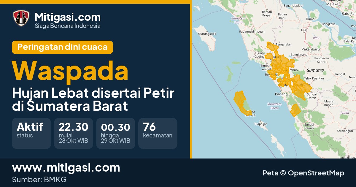Peringatan dini cuaca BMKG tingkat Waspada di Sumatera Barat. (Mitigasi.com/data BMKG)