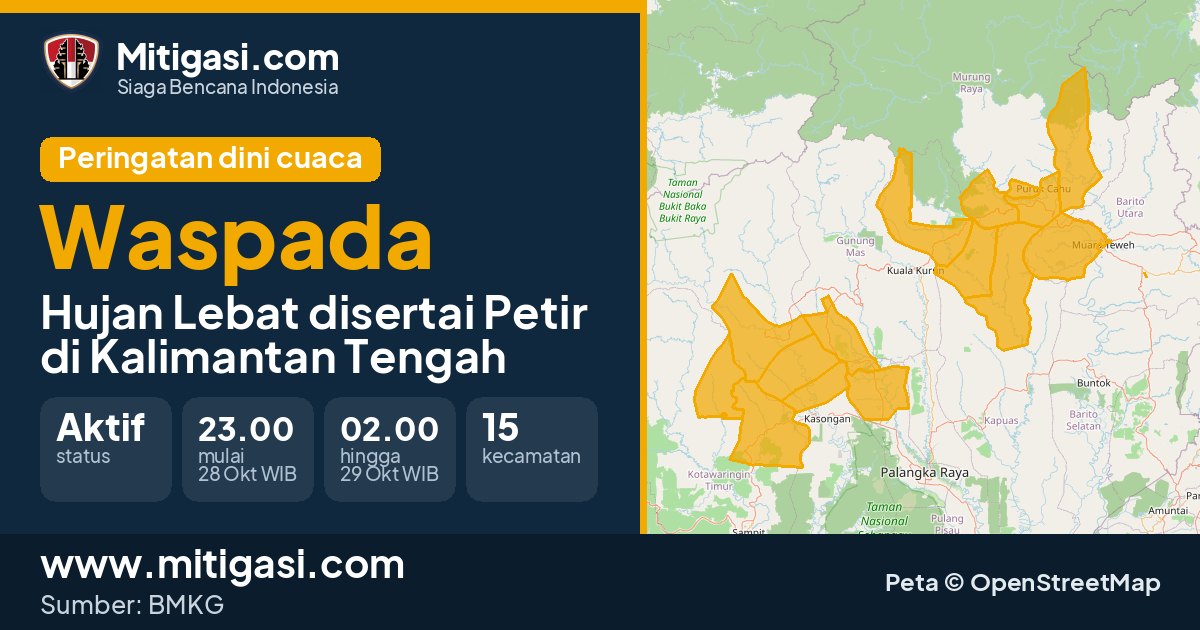 Peringatan dini cuaca BMKG tingkat Waspada di Kalimantan Tengah. (Mitigasi.com/data BMKG)