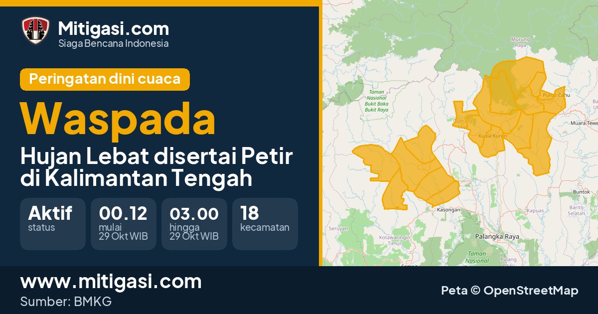 Peringatan dini cuaca BMKG tingkat Waspada di Kalimantan Tengah. (Mitigasi.com/data BMKG)