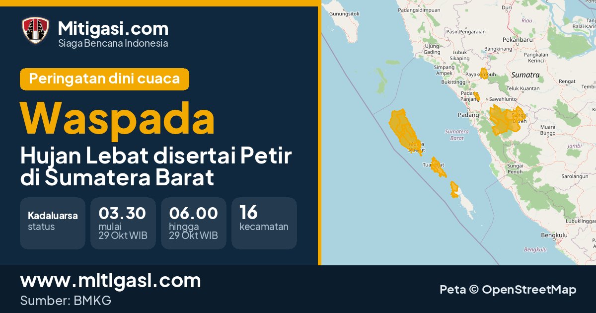Peringatan dini cuaca BMKG tingkat Waspada di Sumatera Barat. (Mitigasi.com/data BMKG)