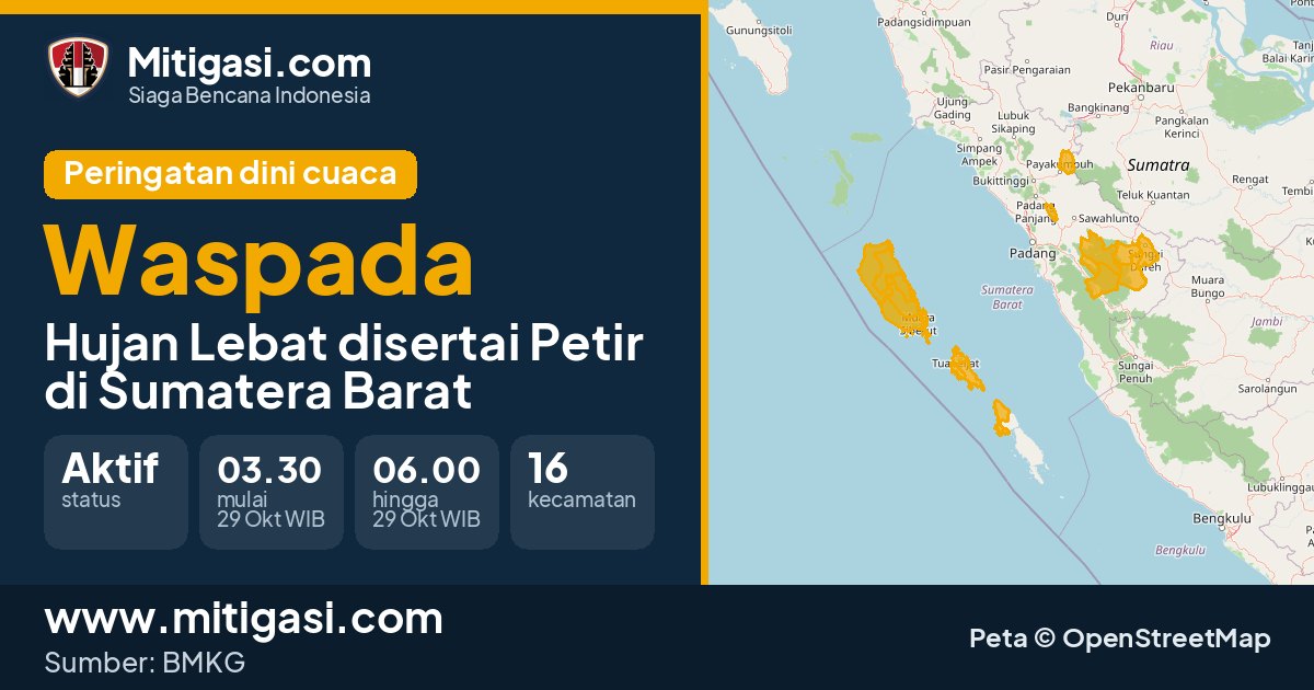 Peringatan dini cuaca BMKG tingkat Waspada di Sumatera Barat. (Mitigasi.com/data BMKG)