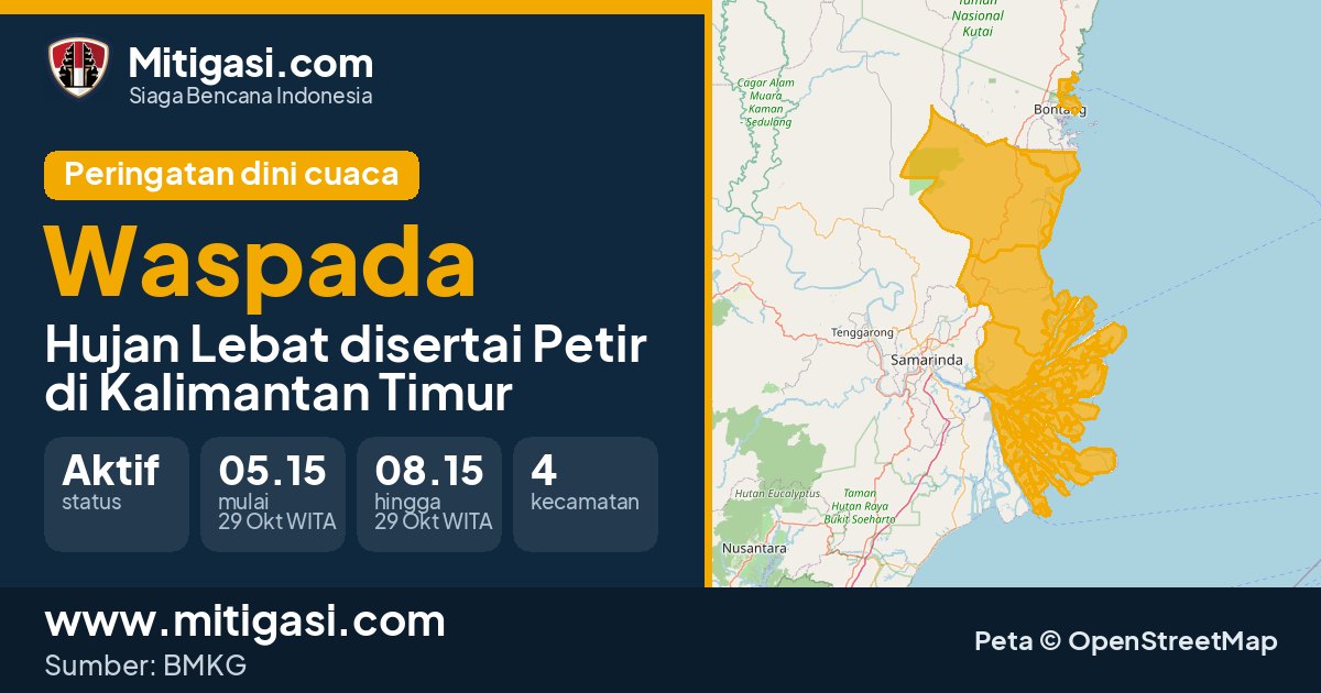 Peringatan dini cuaca BMKG tingkat Waspada di Kalimantan Timur. (Mitigasi.com/data BMKG)