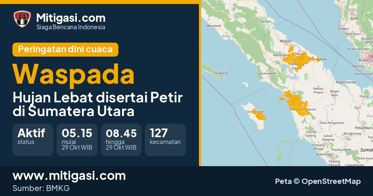 Peringatan dini cuaca BMKG tingkat Waspada di Sumatera Utara. (Mitigasi.com/data BMKG)