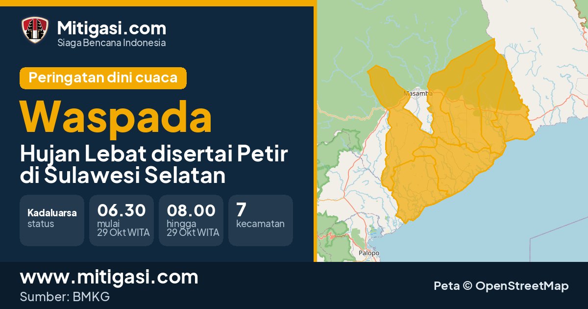 Peringatan dini cuaca BMKG tingkat Waspada di Sulawesi Selatan. (Mitigasi.com/data BMKG)