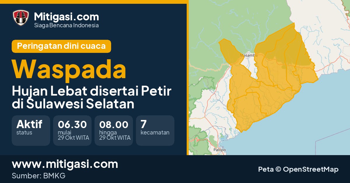 Peringatan dini cuaca BMKG tingkat Waspada di Sulawesi Selatan. (Mitigasi.com/data BMKG)