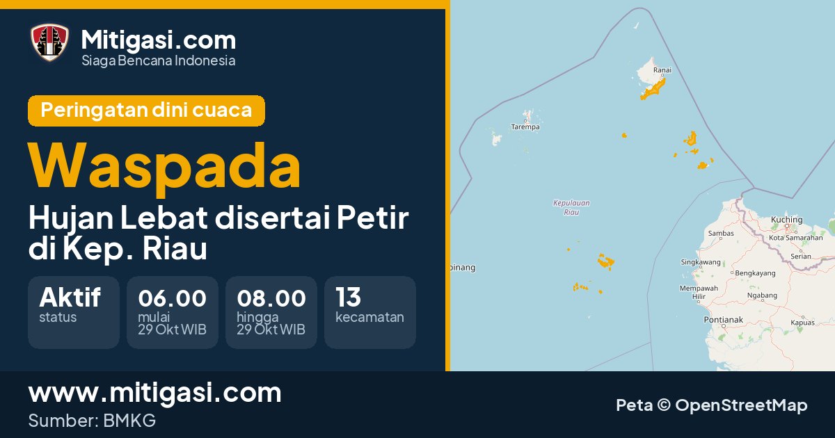 Peringatan dini cuaca BMKG tingkat Waspada di Kep. Riau. (Mitigasi.com/data BMKG)